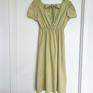 Handmade Cotton Green Elegant Classic Midi Dress Bow Tie Puffed Short Sleeves